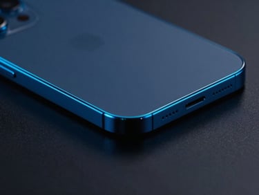 Close-up of a modern, sleek smartphone with glowing electric blue edges on a dark surface, high contrast, studio lighting, 8k