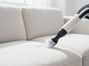 Close up of a professional extraction cleaning machine nozzle vacuuming a light-colored fabric sofa, water spray and suction visible, clean lines, bright daylight