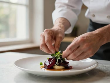 A chef's hands carefully garnishing a gourmet dish with microgreens, on a white plate in a minimalist Scandinavian-style restaurant kitchen, natural light, warm editorial style, shallow depth of field, 35mm
