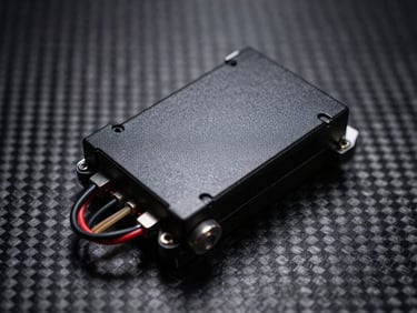 Tight macro crop of a motorcycle digital ECU module and exposed wiring loom under cold white studio light, carbon fiber background