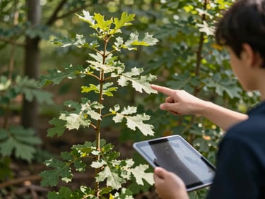 A student holding a tablet outdoors, pointing the camera at a newly planted young oak tree, soft sunlight filtering through leaves.