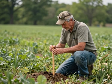 A local Missouri farmer kneeling in a lush green field, checking a slim wooden-cased soil sensor probe, soft natural daylight.