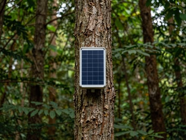 A small solar-powered monitoring device strapped neatly to a thick tree trunk in a dense green forest, shallow depth of field.
