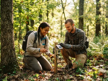 Warm editorial photo of students setting up environmental sensors in a sunlit Missouri oak forest, natural daylight filtering through leaves, authentic documentary style