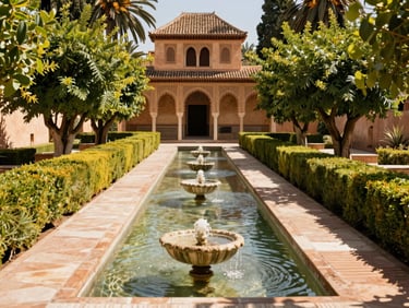 Water channel in the Generalife gardens, lush green foliage, symmetrical stone fountains, bright midday sun casting crisp shadows