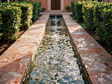 Close-up of water flowing through a narrow stone channel in the Generalife gardens, sunlight reflecting on the ripples, lush green foliage on the sides, 35mm.
