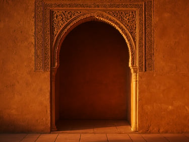 Warm sunset light illuminating a horseshoe arch in the Alhambra, long shadows, deep terracotta plasterwork textures