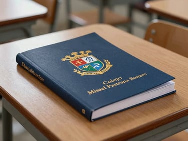 Close-up of a physical school handbook with the emblem of Colegio Misael Pastrana Borrero, resting on a clean wooden classroom desk under natural daylight.