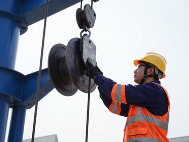 Technician in high-visibility safety gear inspecting heavy-duty steel cables and hoist gears on site