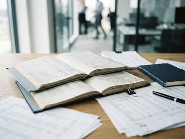 editorial corporate photography, close-up of organized financial ledgers on a wooden desk, soft morning window light, cool slate tones, 35mm