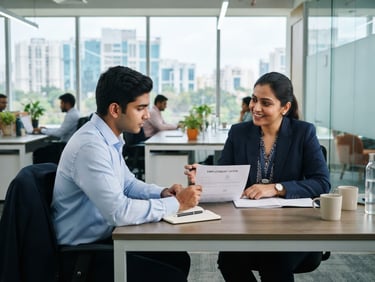 Editorial corporate photography, bright natural office light, a professional recruiter in a modern Bengaluru office discussing terms with a candidate, sharp focus, 35mm