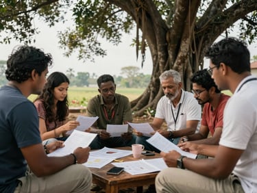 A collaborative meeting outdoor under a banyan tree, local facilitators and researchers mapping village resources.