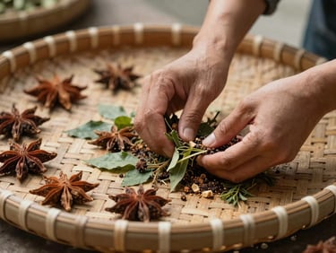 Close-up of local hands sorting freshly harvested spices on a woven bamboo tray, soft natural afternoon light.