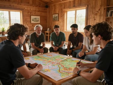 Warm golden hour lighting inside a wooden community hall, village leaders and young researchers sitting in a circle discussing maps, authentic documentary style.