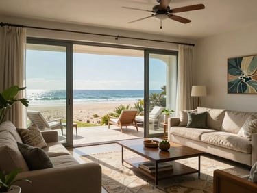 Sunny living room of Unit 204, showing coastal decor and wide sliding doors opening directly onto a lower-level lanai closer to the sand