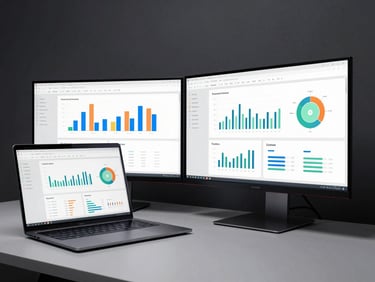 Wide-angle shot of a laptop and secondary monitor on a clean desk, both screens displaying a product dashboard with analytics graphs and user-flow diagrams, cool studio lighting from the left, no glare, screen content sharp and legible, dark background behind the setup