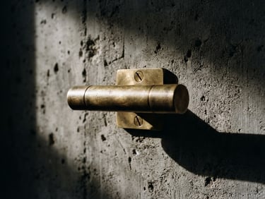 Macro detail shot of a solid-milled unlacquered brass door pull mounted on raw concrete, sharp architectural side-light casting deep shadows, 35mm photography