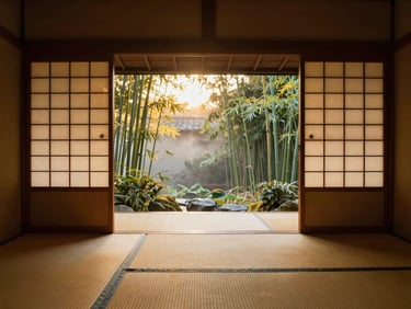 Warm interior glow of a traditional Japanese ryokan room with tatami mats, sliding paper doors open to a misty bamboo garden at golden hour.