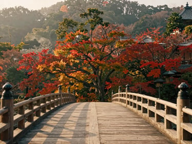 Cinematic wide shot of a traditional wooden bridge in Kyoto surrounded by lush autumn foliage, soft morning mist, warm natural light