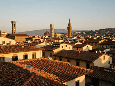 Warm editorial shot of a boutique hotel balcony overlooking historical terracotta rooftops in Florence, soft golden hour light, rich saturated tones
