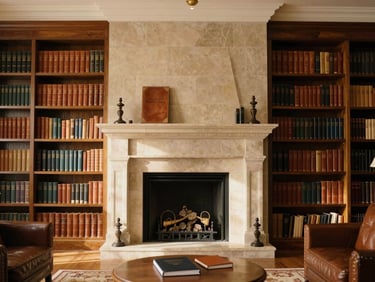 Warm interior glow of a luxurious boutique hotel library with leather-bound books and a stone fireplace, soft natural light, premium travel journal aesthetic