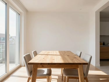 Bright daylight interior photography of a modern apartment dining area, clean wooden table, minimalist chairs, large window with soft sunlight, straight perspective.