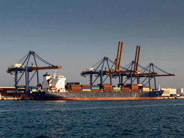 Wide environmental shot of a modern UAE container and tanker port at golden hour, deep blue water, cargo cranes in background, cinematic maritime photography