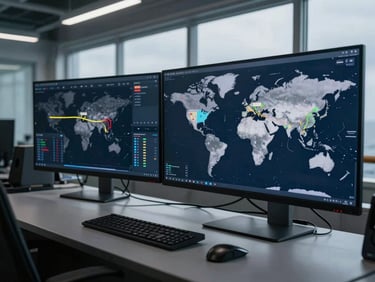 Modern maritime trading desk with multiple screens showing global shipping routes, cool-toned industrial lighting, sharp focus.