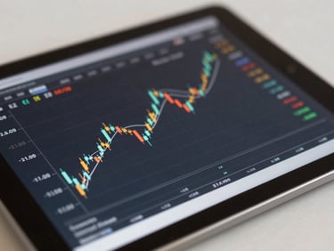 Close-up of a clean digital dashboard on a tablet showing abstract financial metrics, crisp corporate lighting, shallow depth of field.