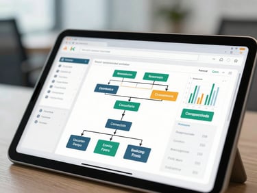 Close-up of a modern corporate dashboard on a tablet screen, showing financial metrics and organizational flowcharts, clean executive office background
