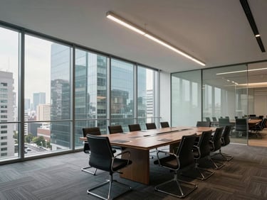Wide-angle perspective of a modern corporate boardroom in Mexico City, glass walls, morning daylight, clean architectural lines