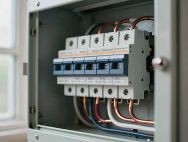 Open residential electrical panel with labeled breakers and copper wiring neatly routed, daylight from a nearby window, no people, close-up detail of connections