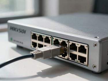 Close-detail shot of a network interface card plugged into a Hikvision NVR unit, cable run visible behind, daylight from a nearby window casting hard shadows on grey equipment, no people