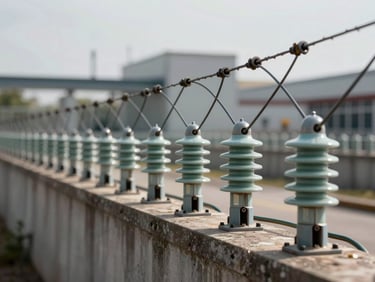 Close-angle shot of electric fence insulators and tensioned wire strung along a perimeter wall top, daylight, industrial facility visible in soft background blur