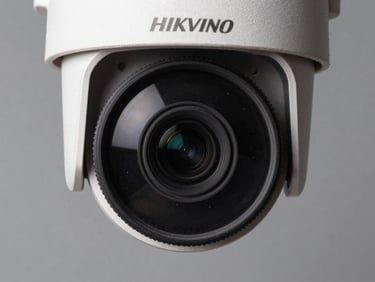 Extreme closeup of a Hikvision PTZ bullet camera body, lens housing centered, neutral studio strobe, steel-gray background, no text