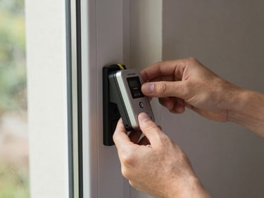 Hands installing a Hikvision card reader on a brushed metal door frame, wiring visible mid-work, daylight from adjacent window, tight crop on the device and hands
