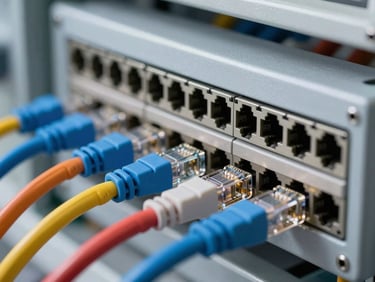 Extreme closeup of structured ethernet cabling terminations inside a wall-mounted patch panel, tight rows of color-coded RJ45 ports under cool white workshop light, no faces, no text