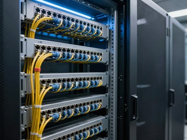 Network cable tray in an empty server room, organized Cat6 runs terminated at a patch panel, cool LED lighting overhead, no people, tight framing on the cable management
