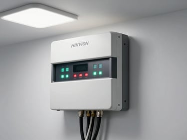 Hikvision alarm control panel mounted on interior wall, LED indicators lit, cables entering from conduit below, clean white wall, studio-style overhead light