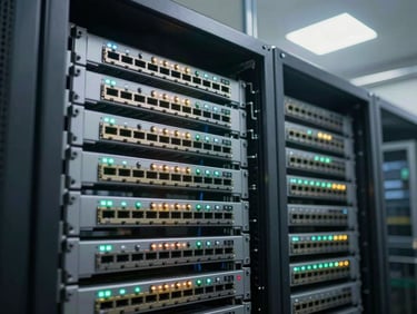 Wide environmental shot of a rack-mounted managed switch with blinking port LEDs inside an open server cabinet in an industrial facility, cool overhead fluorescent light, no people