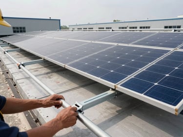 Rows of solar panels mid-installation on a flat commercial rooftop, technician hands adjusting a rail bracket in foreground, overcast industrial daylight, no faces visible