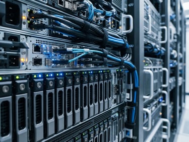 Macro close-up of premium enterprise server hardware, cool daylight with soft blue LED indicator glows, organized cabling, sharp focus, 35mm