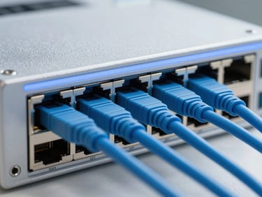 Macro close-up of a premium enterprise network switch, dust-free aluminum casing, clean port connections with active blue fiber optic cables, sharp focus, 35mm.