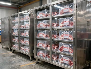 Pristine stainless steel cold storage facility inside a maritime warehouse, vacuum-sealed meat boxes with visible HACCP certification stamps under crisp white lighting.