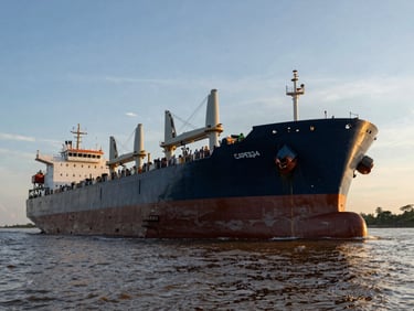Low-angle shot of a supply launch boat approaching a massive Capesize bulk carrier on the Amazon River, high contrast, golden hour light.