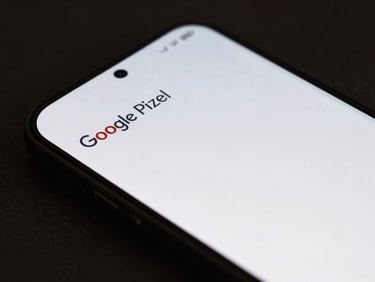 Macro close-up of a Google Pixel phone screen showing a clean, text-only minimalist launcher interface under moody studio light.