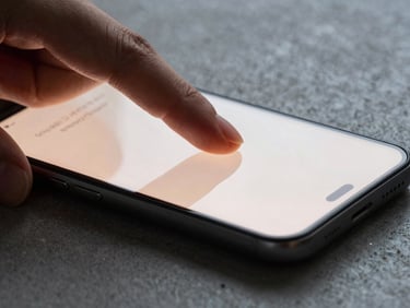 Extreme macro close-up of a Nothing Phone on a dark concrete desk, soft amber light illuminating a thumb executing a fluid swipe gesture on a minimalist launcher interface, showing realistic screen glow.