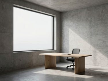 Clean architectural lines of a modern workspace with concrete walls and window light, minimalist framing