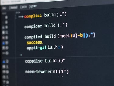 Macro crop of a clean code terminal displaying compiled build success logs, cool-toned studio lighting