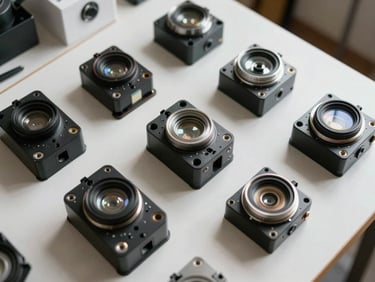 Tight overhead shot of physical hardware prototypes on a clean slate workspace, natural bright daylight